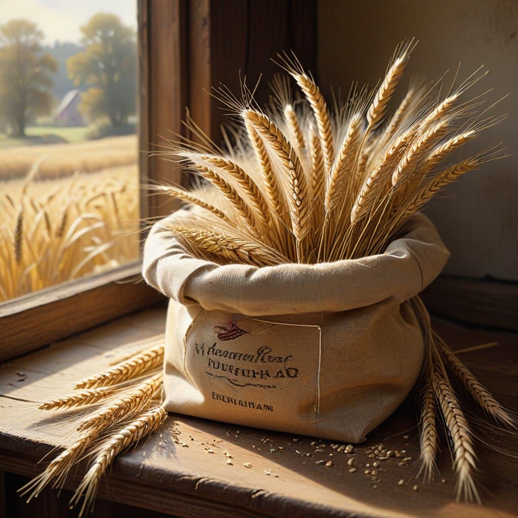 Golden Burlap Sack with Fresh Wheat and Baked Bread