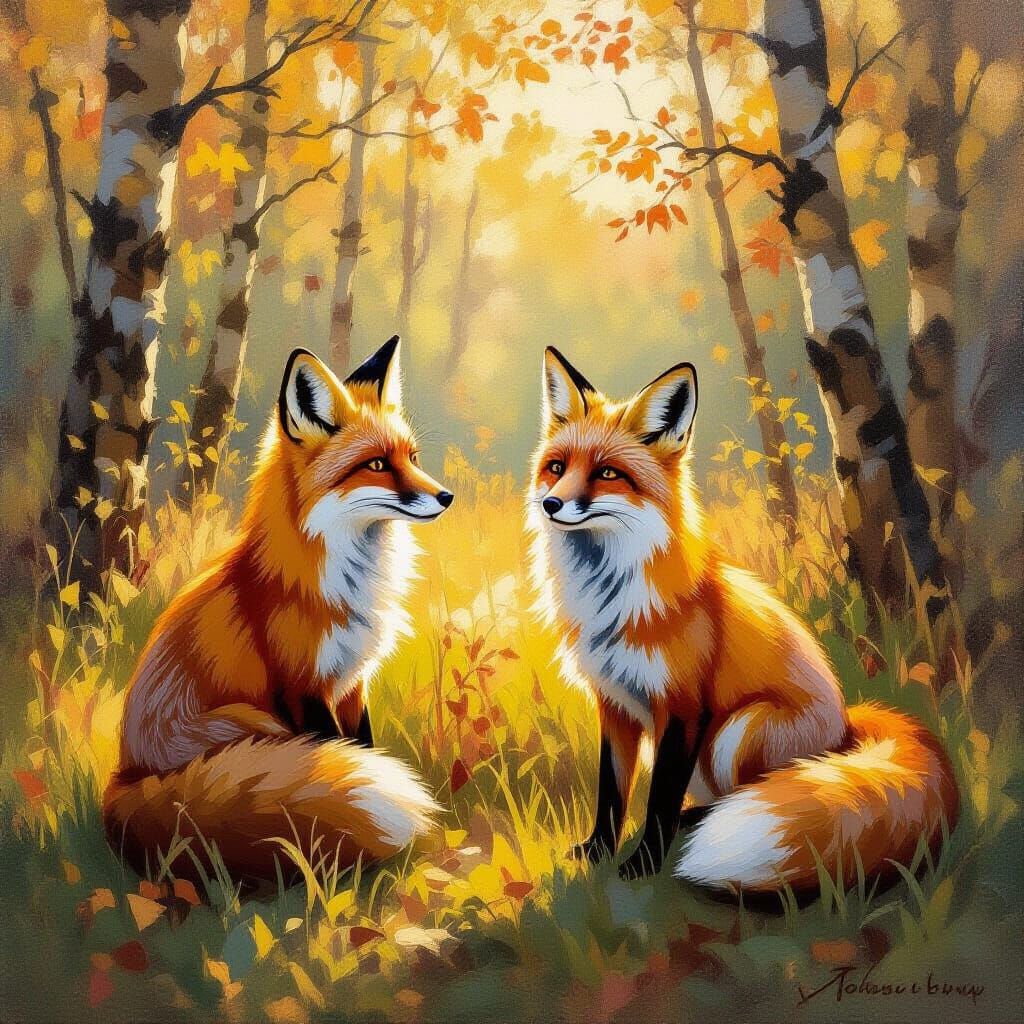 Two Foxes in Sunlit Forest Clearing Impressionist Oil Painti...