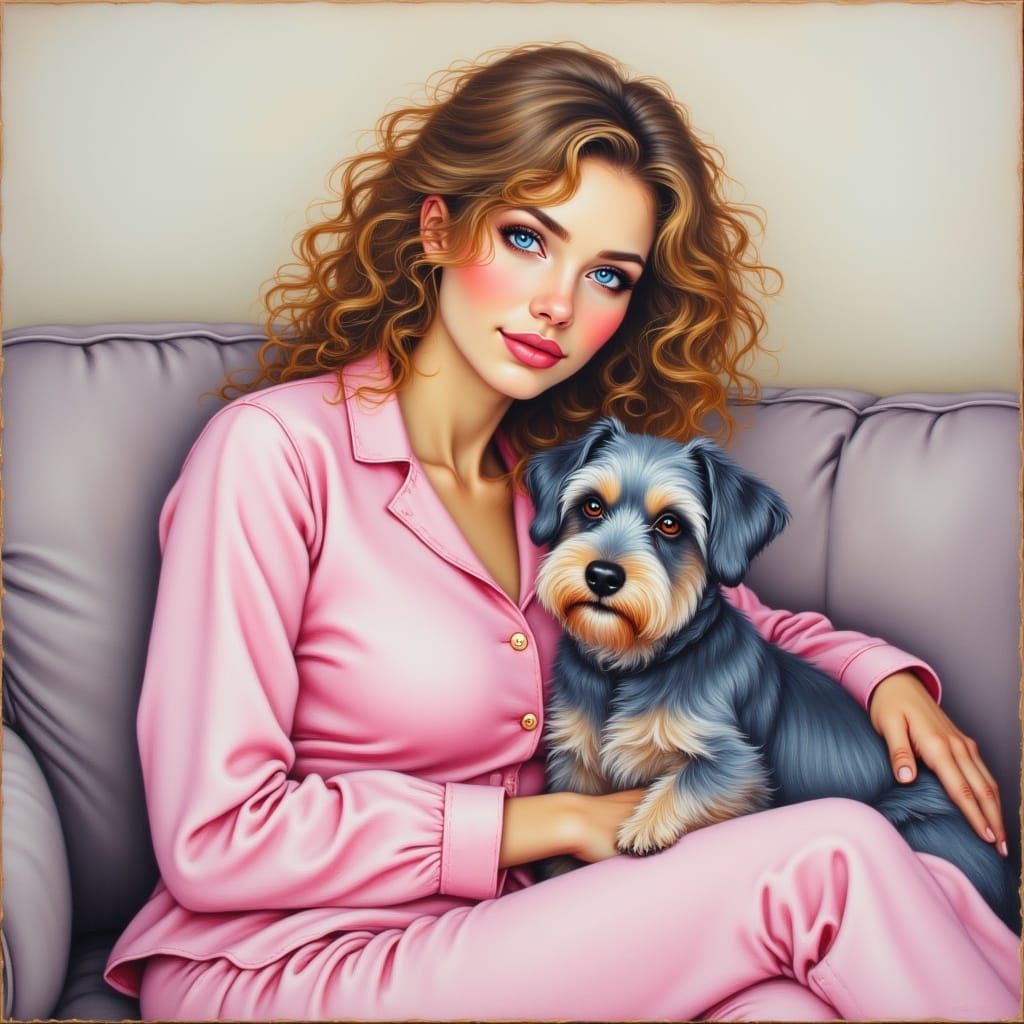 Woman and Puppy in Pajamas as Watercolor Painting