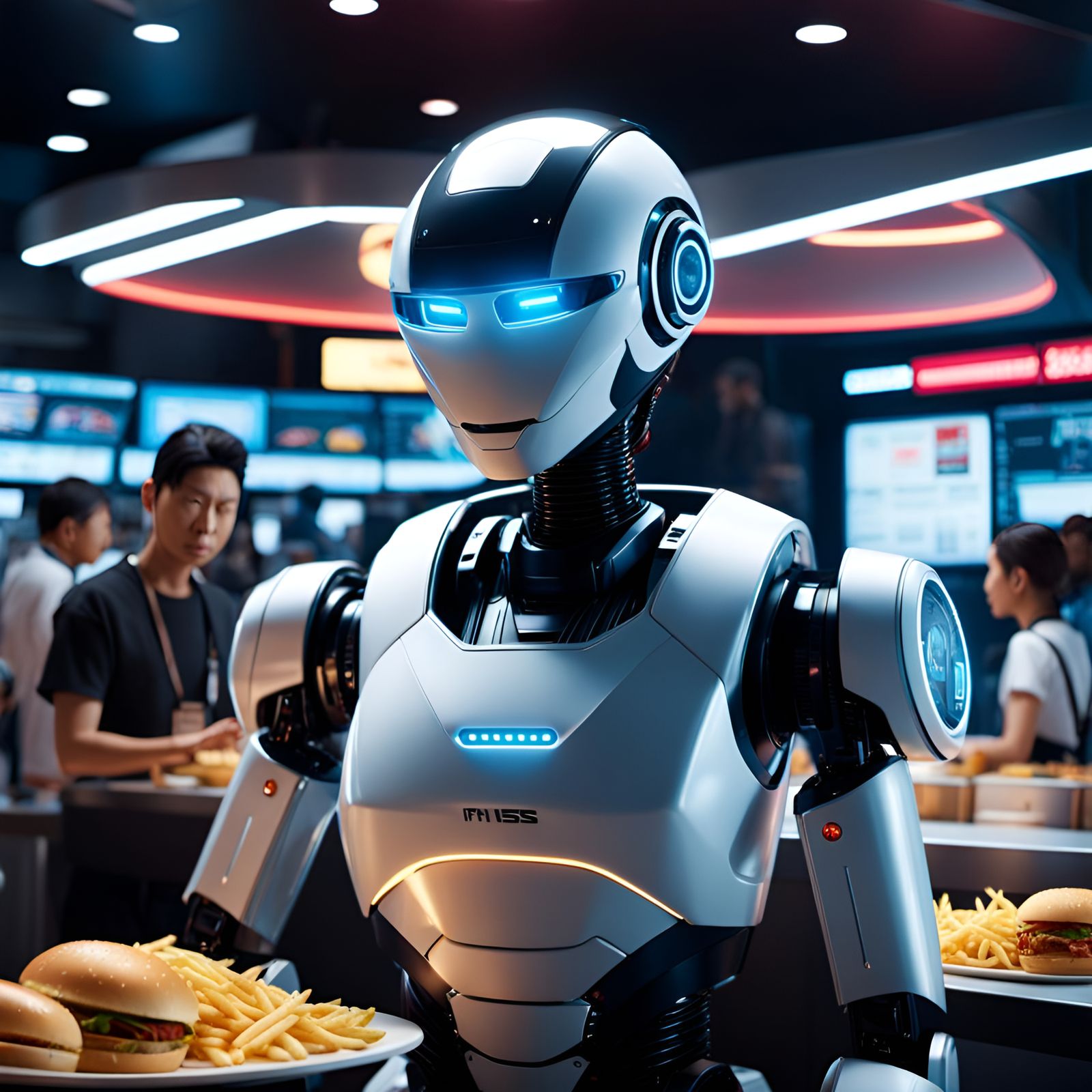 Futuristic Restaurant with Robot Servers in High Definition