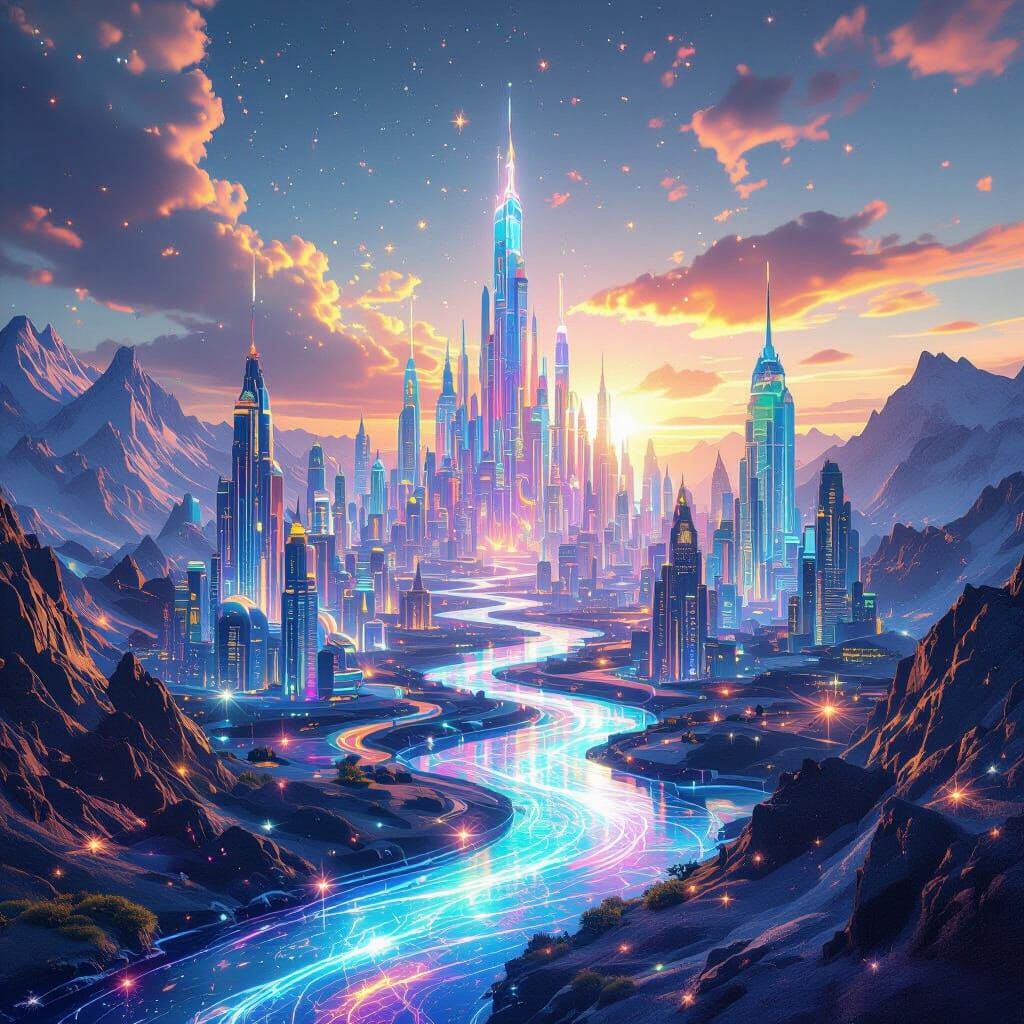 Vivid Futuristic Earth City with Bioluminescent Rivers and M...
