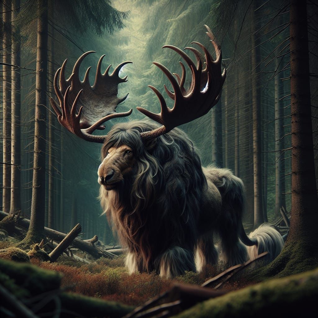 Majestic Moose-Buffalo Hybrid in Shadowy Forest
