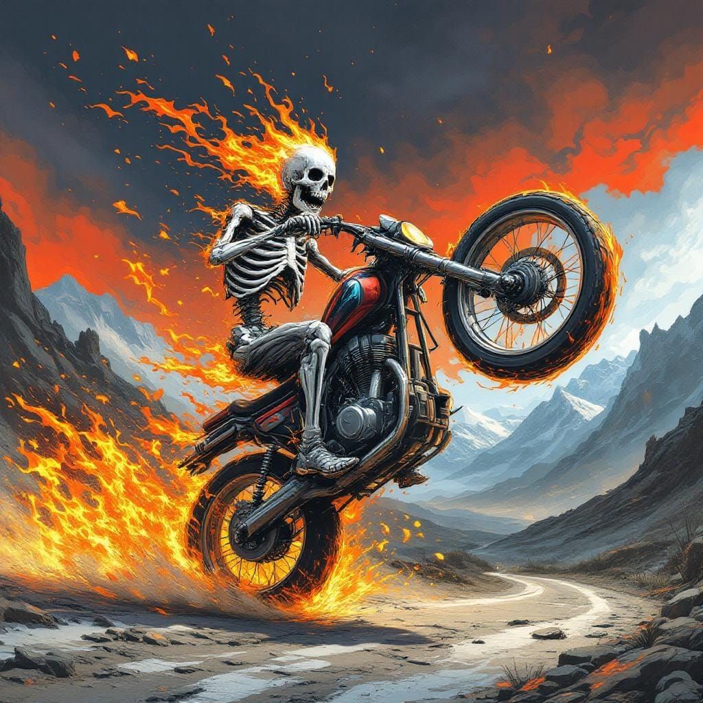 Laughing Burning Skeleton Wheelie on Motorbike