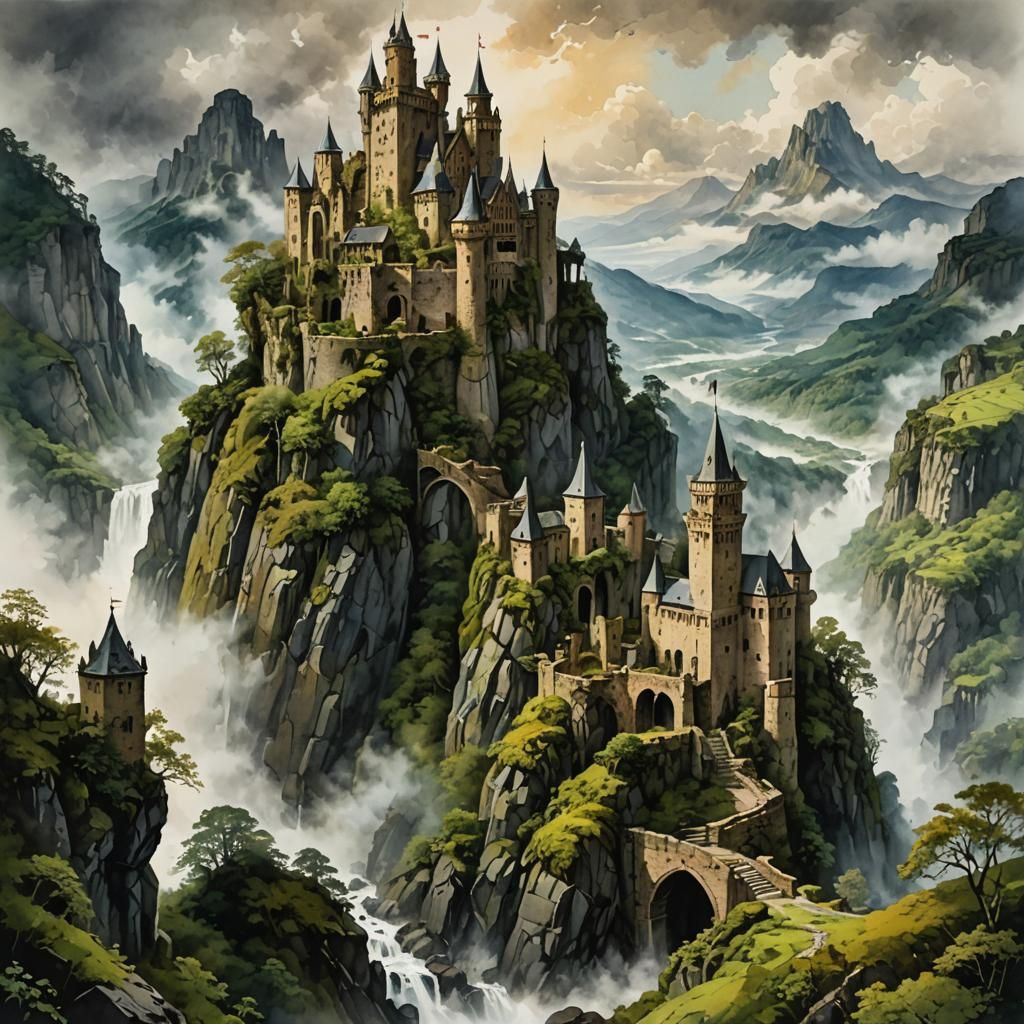 Ancient Castle Ruin in Fog, Watercolor and Ink