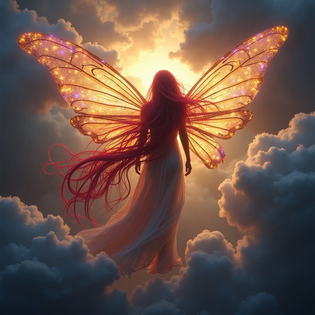 Queen with Butterfly Wings Soaring Through Storm