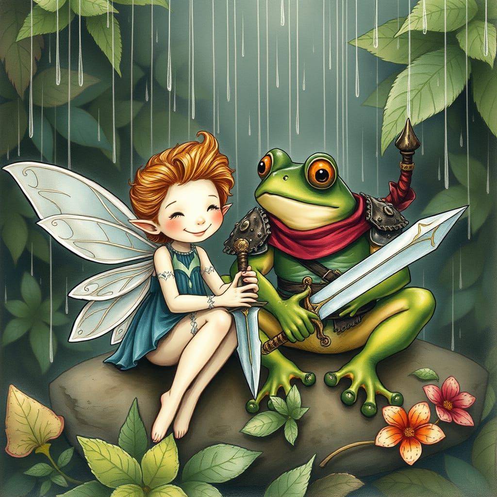 Whimsical Fairy and Frog Warrior in Muted Watercolor Style