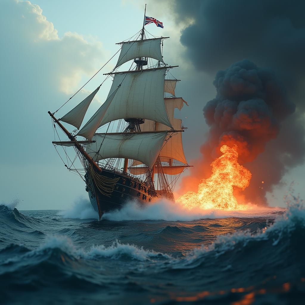 Pirate Ship Escapes Burning Wreck in Digital Painting