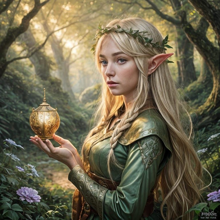 Blonde Elf in Forest: Gouache Watercolor Art