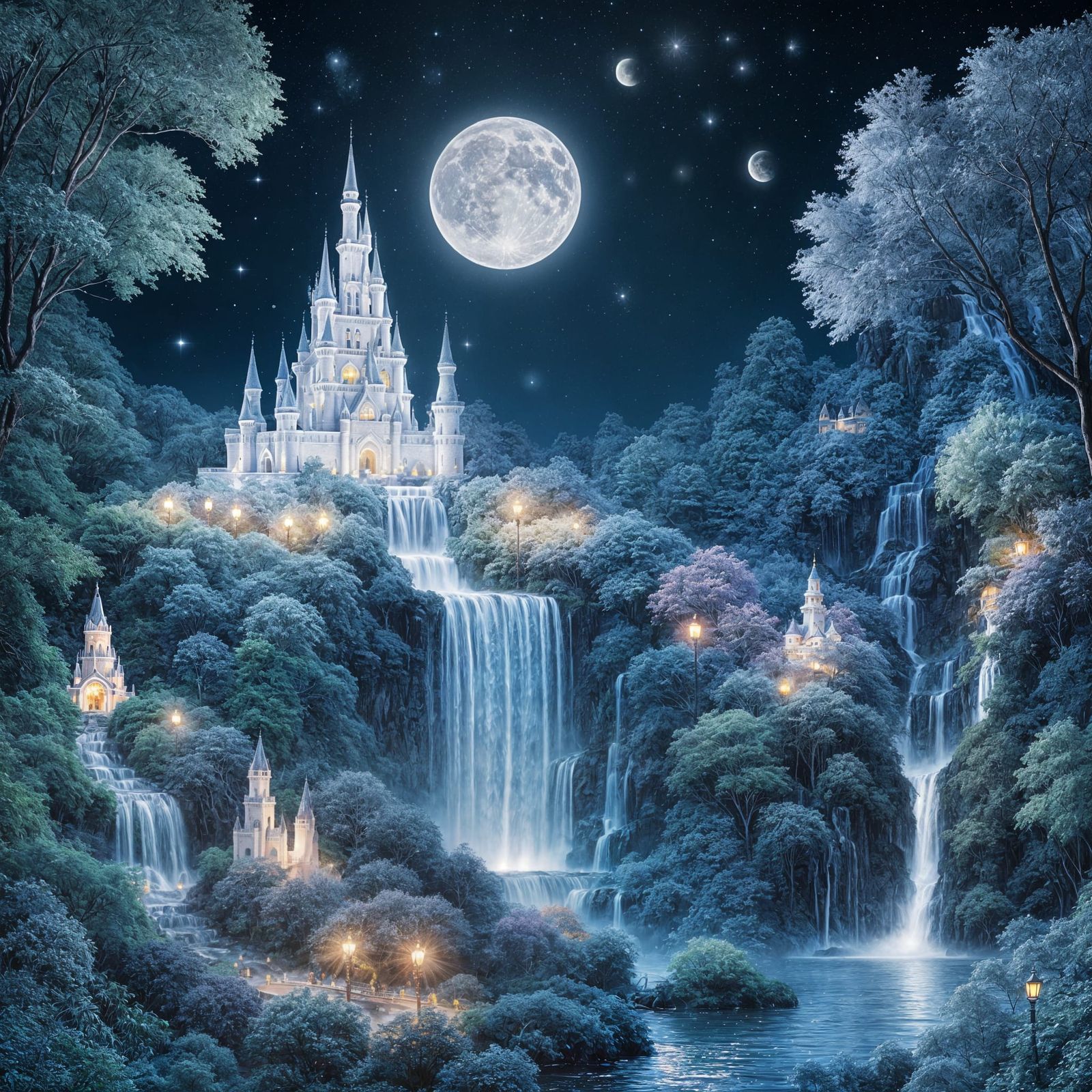 Oversized moon, cascading waterfall, utopian dreamscape, fir...