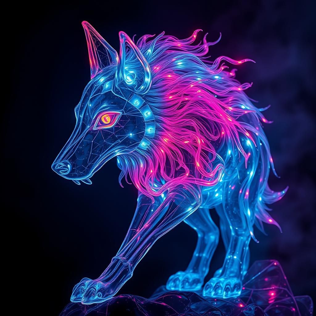 Neon Glass Spirit Wolf in Mystical Style