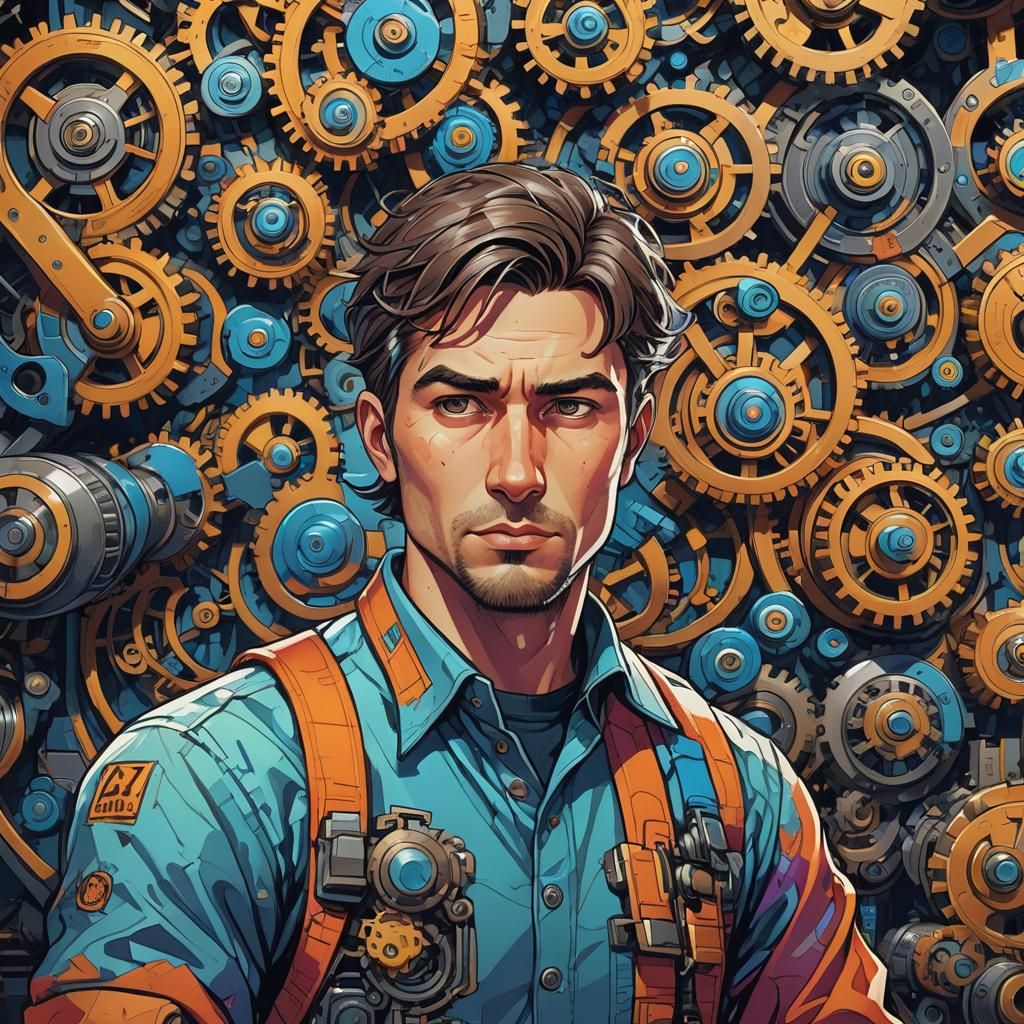 Engineer Surrounded by Gears in Whimsical Style