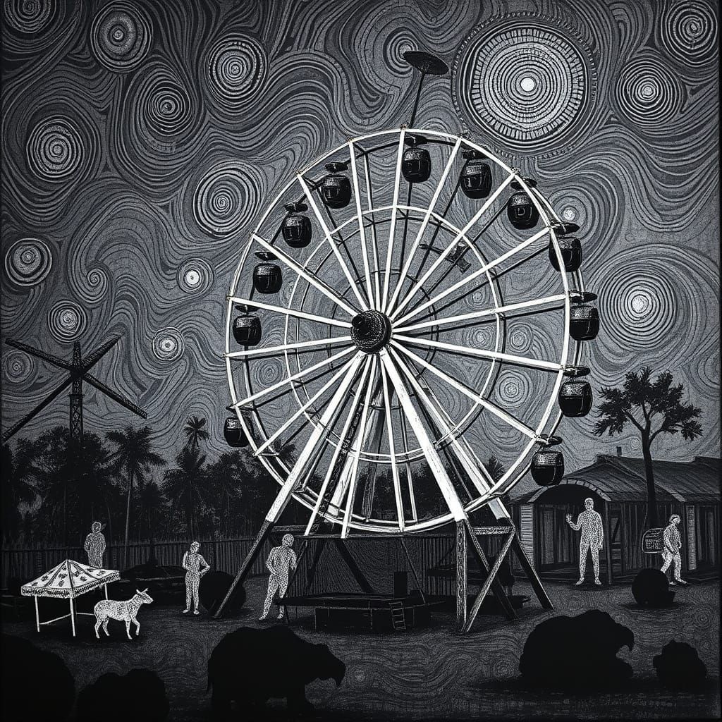 Surreal Greyscale Ferris Wheel in Indigenous Dreamtime Style