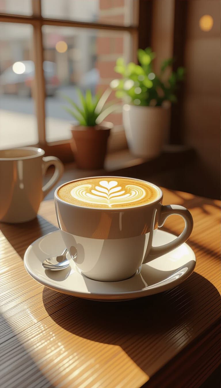 Cozy Cafe Corner with Detailed Latte Art in Warm Tones