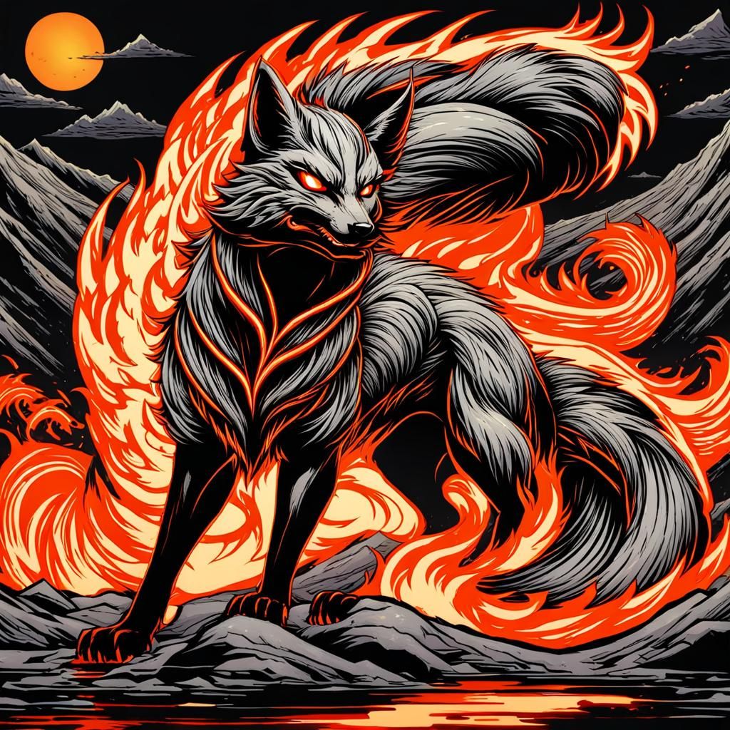 Lava Powered Nine-Tailed Kitsune in Comic Art Style