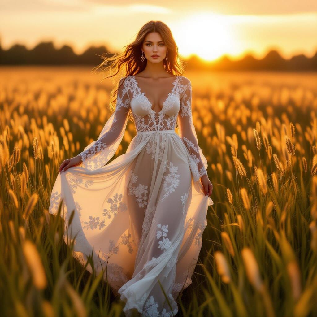 Woman in Golden Field, Pre-Raphaelite Style