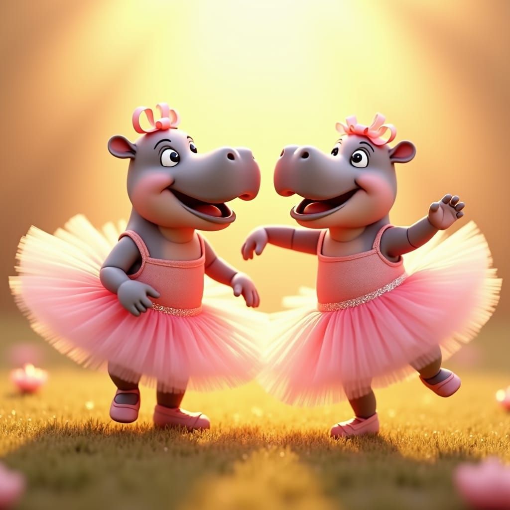 Hippopotamus Ballerinas Dance in Whimsical 3D Art