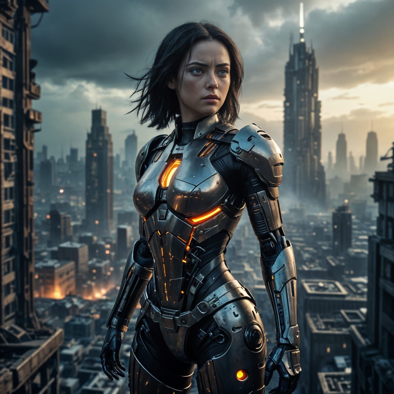 Cyberpunk Warrior in Dystopian Skyscraper