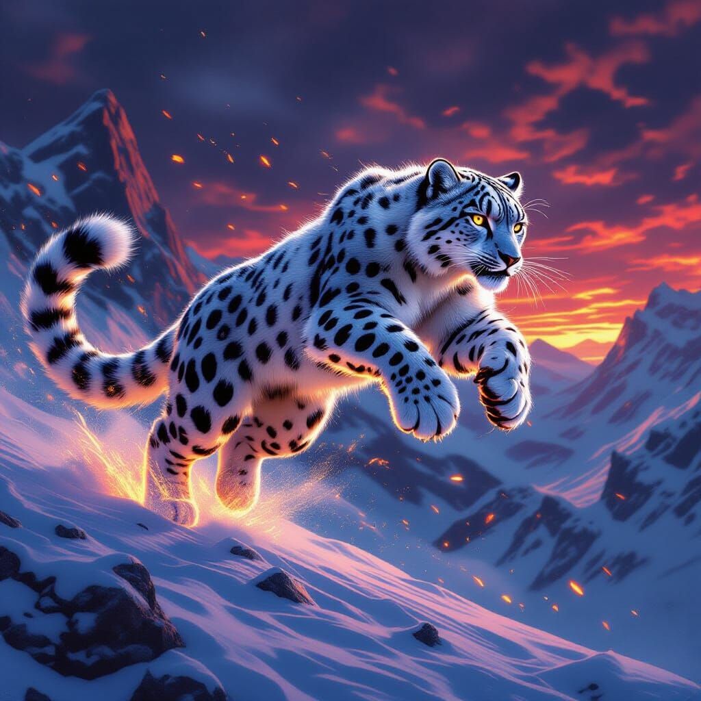 Snow Leopard Leaps Through Warlike Sky in Hyperreal Style