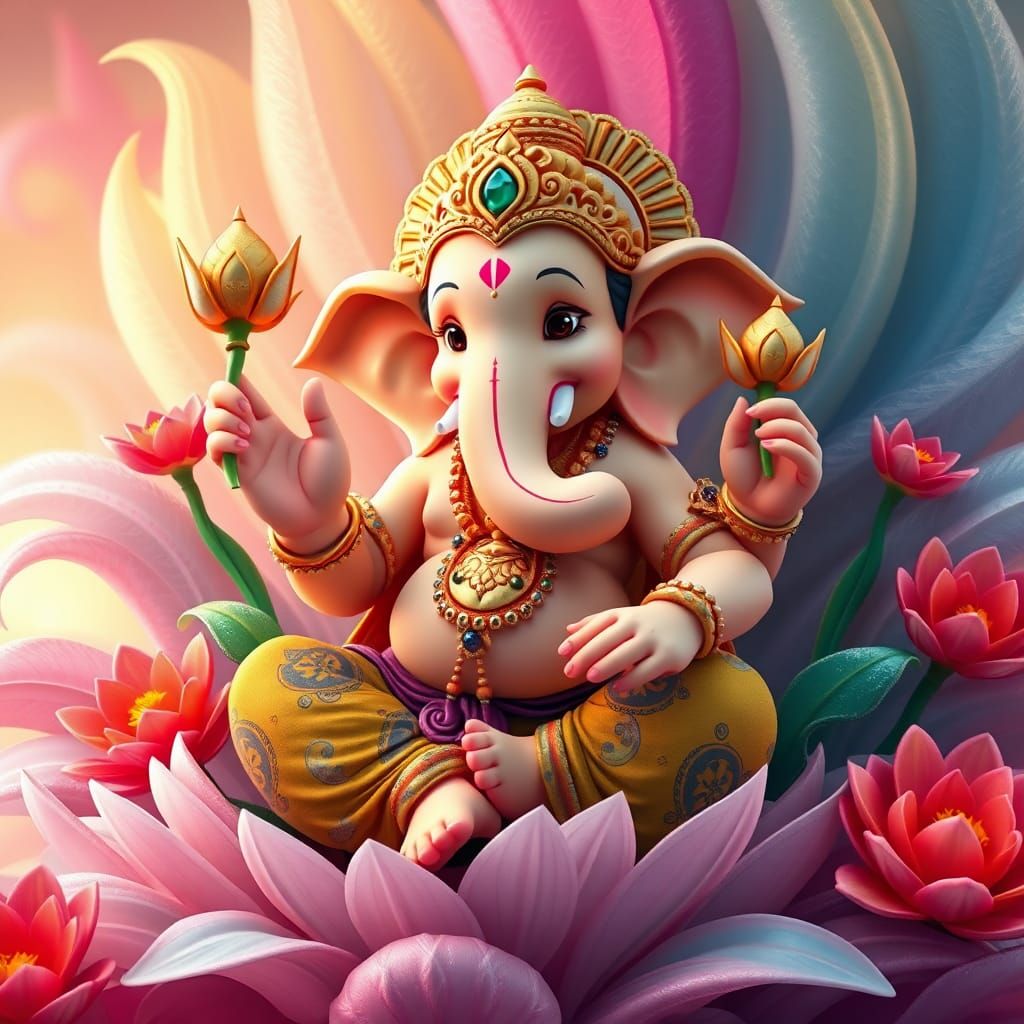 Charming Bal Ganesha with Lotus Flower and Mouse