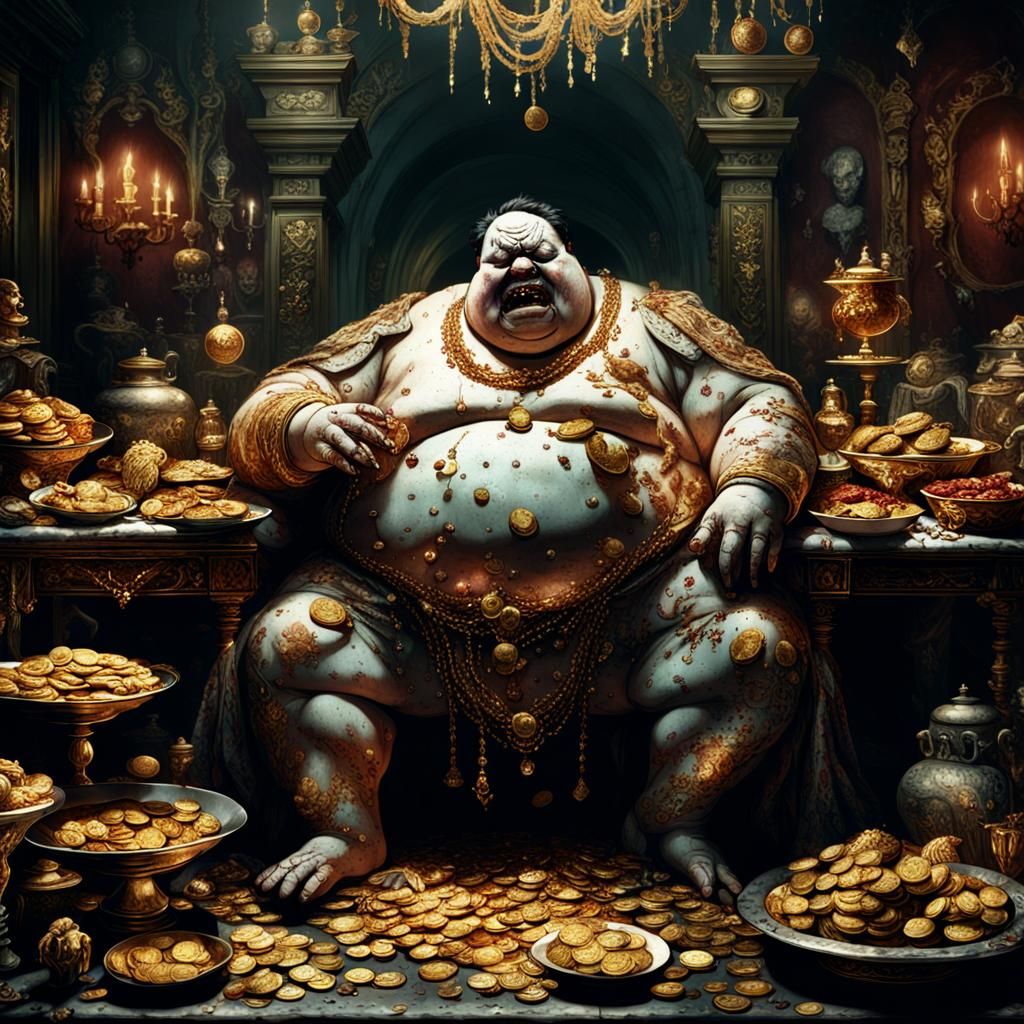 Gluttonous Figure Devours Treasure in Lavish Chamber