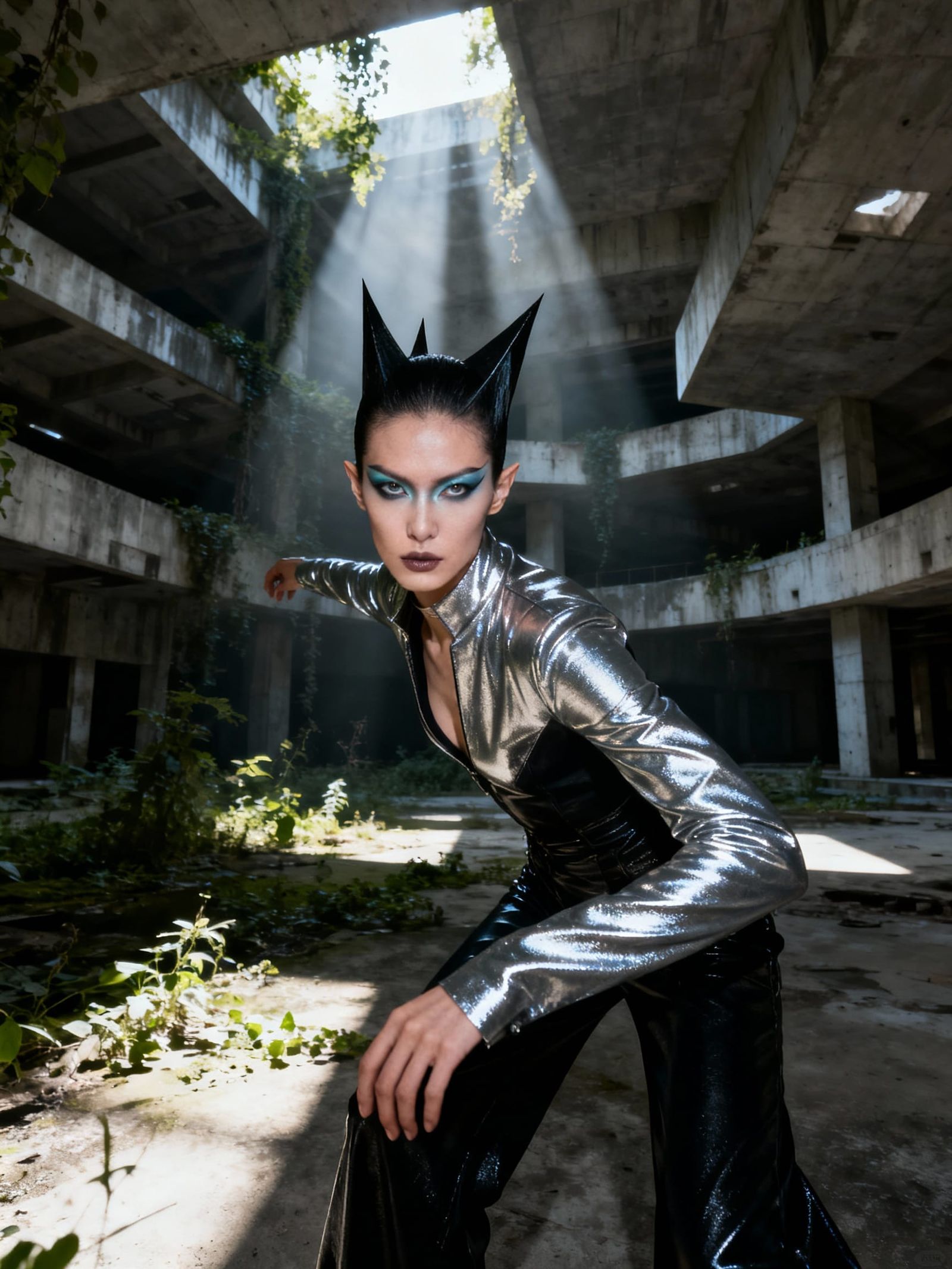 Model Poses in Overgrown Brutalist Structure
