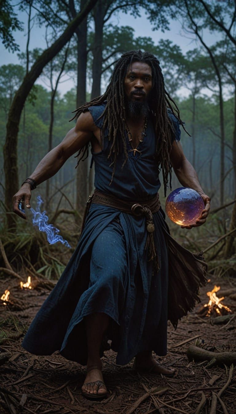 Nigerian Wizard Raises Magical Orb in Dark Swamp Forest