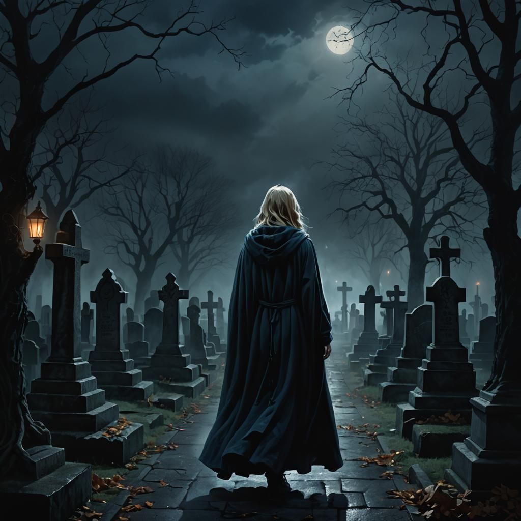 Eerie Cemetery Scene: Dark Fantasy Oil Painting