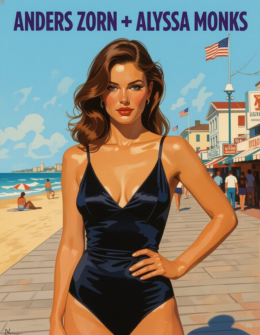 Edgy Pin Up Woman on Boardwalk in Mimeograph Style