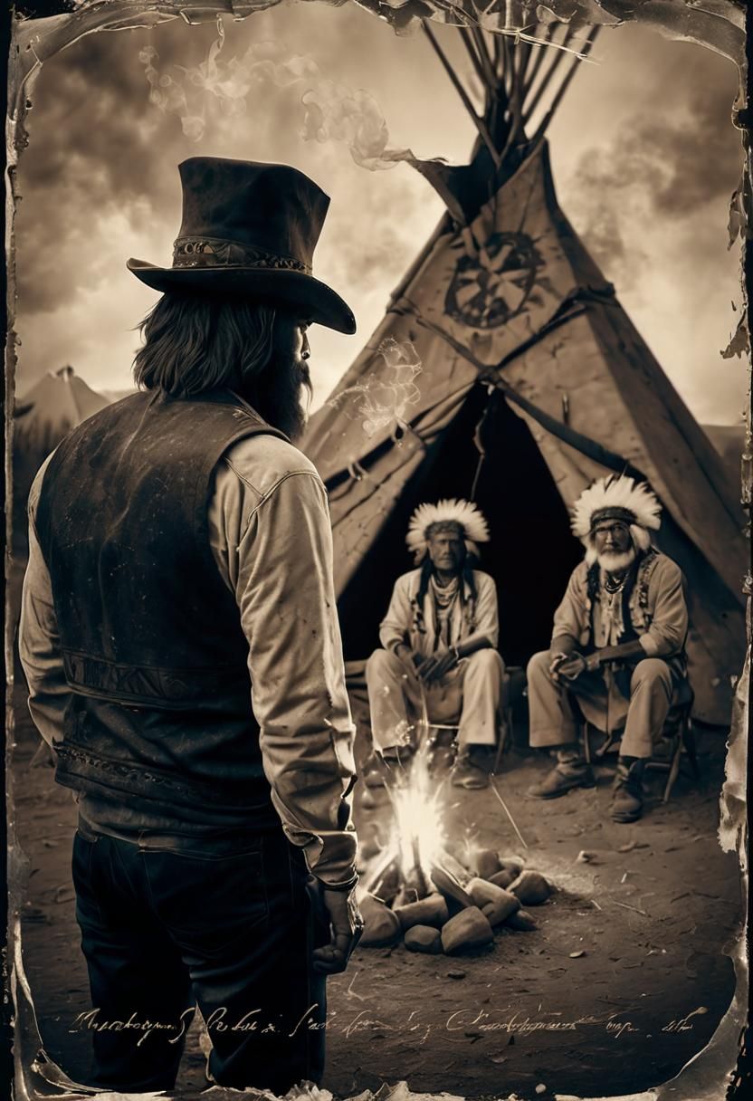 Native American Teepee Scene in Lithograph Style