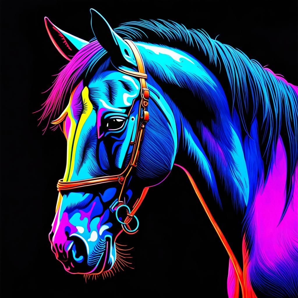 Horse in Neon Oil Pastels with Fluorescent Splatter