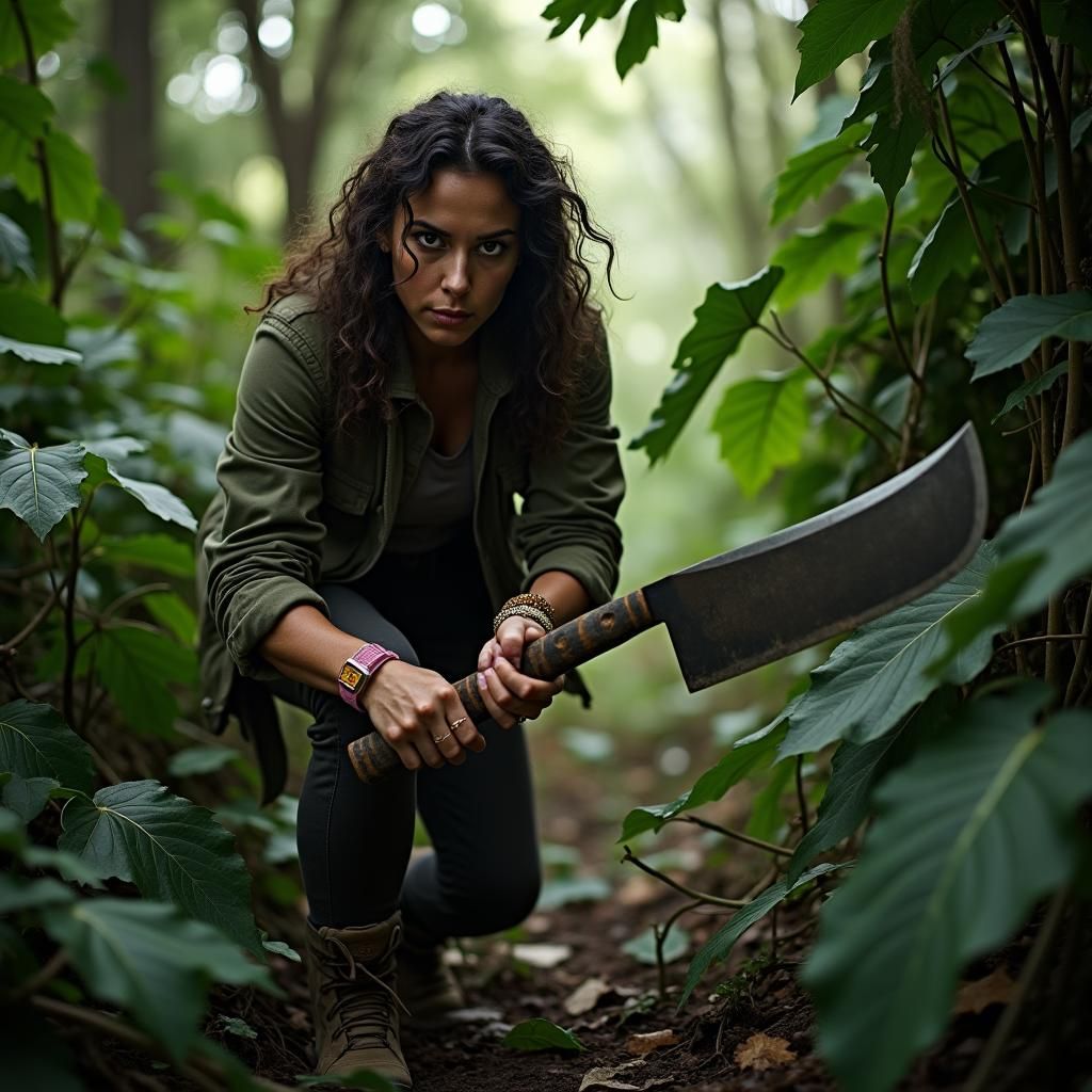 Jungle Explorer Clearing Path with Machete
