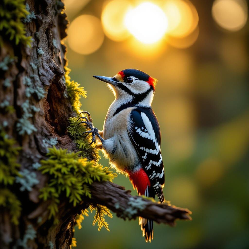 Vibrant Woodpecker in Golden Hour Forest Light