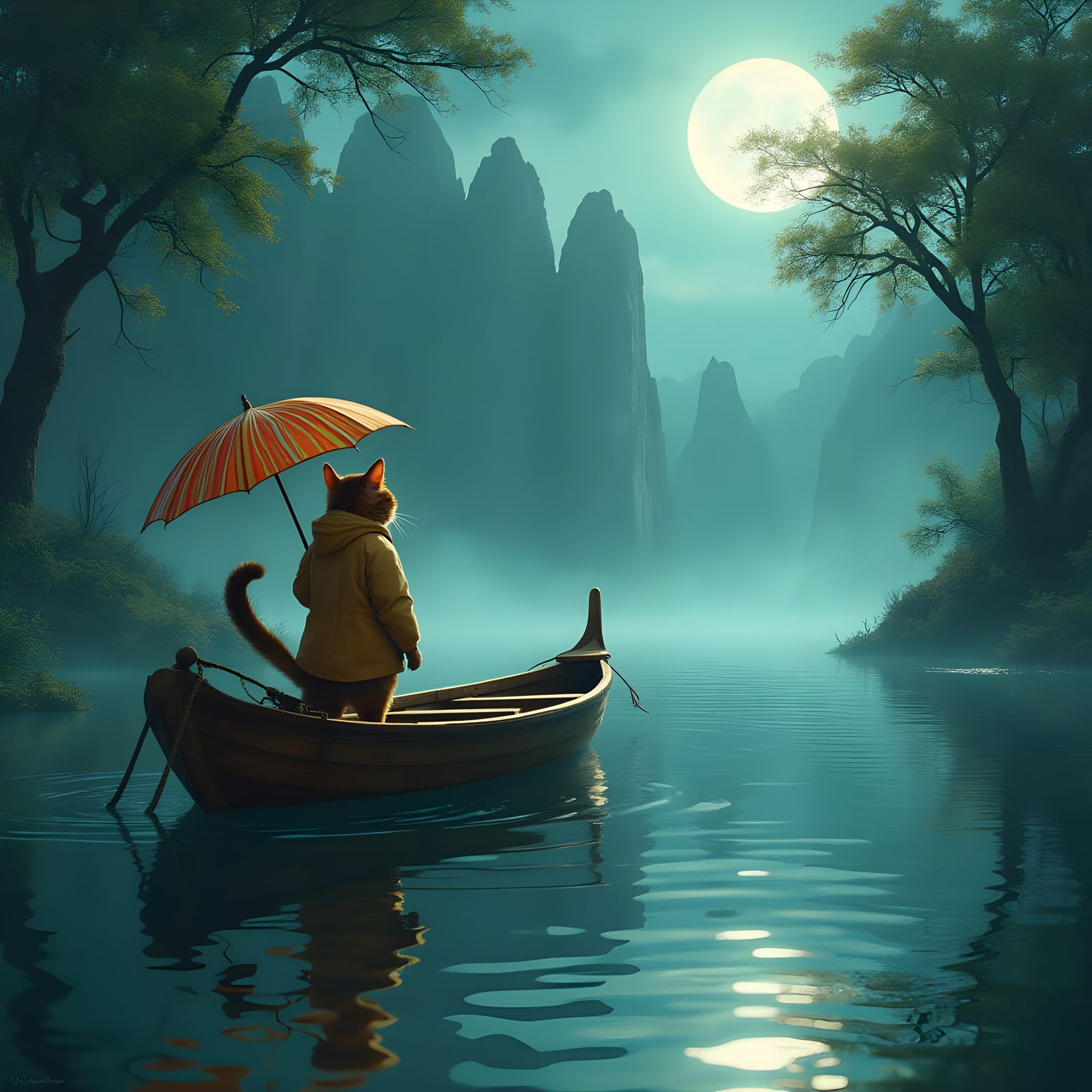 Cat Stands Heroically in Wooden Boat on Mystical Moonlit Lak...