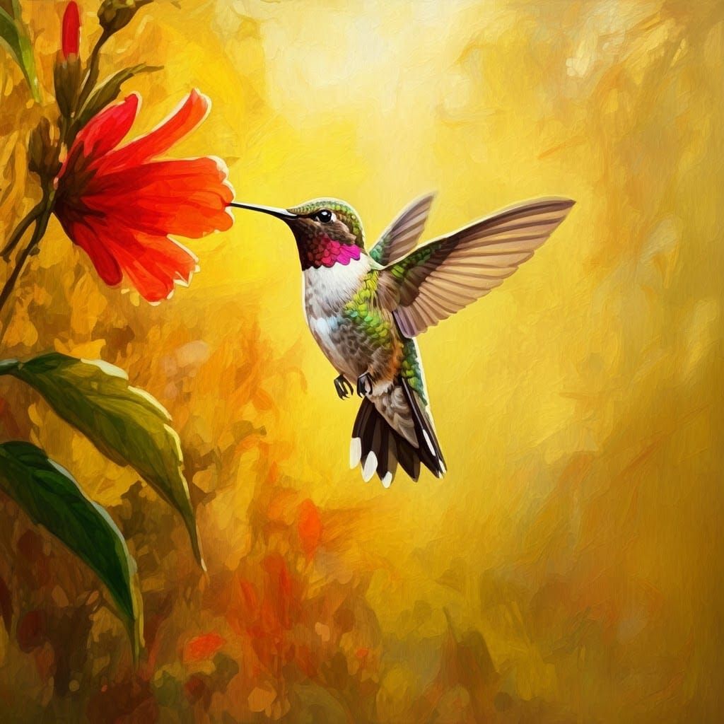 Hummingbird Sipping Nectar in Neo-Impressionistic Style