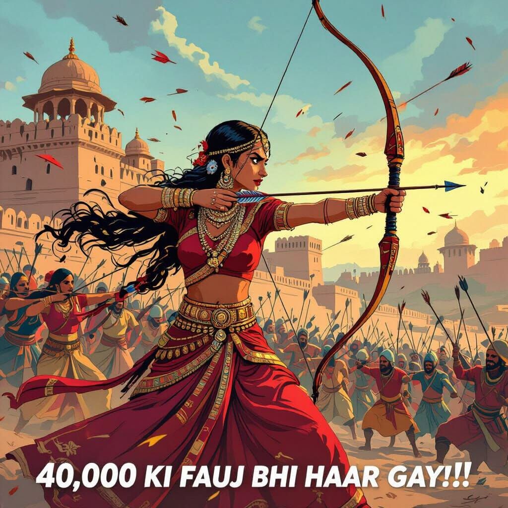 Cartoon Rajput Queen Commands Archer Army