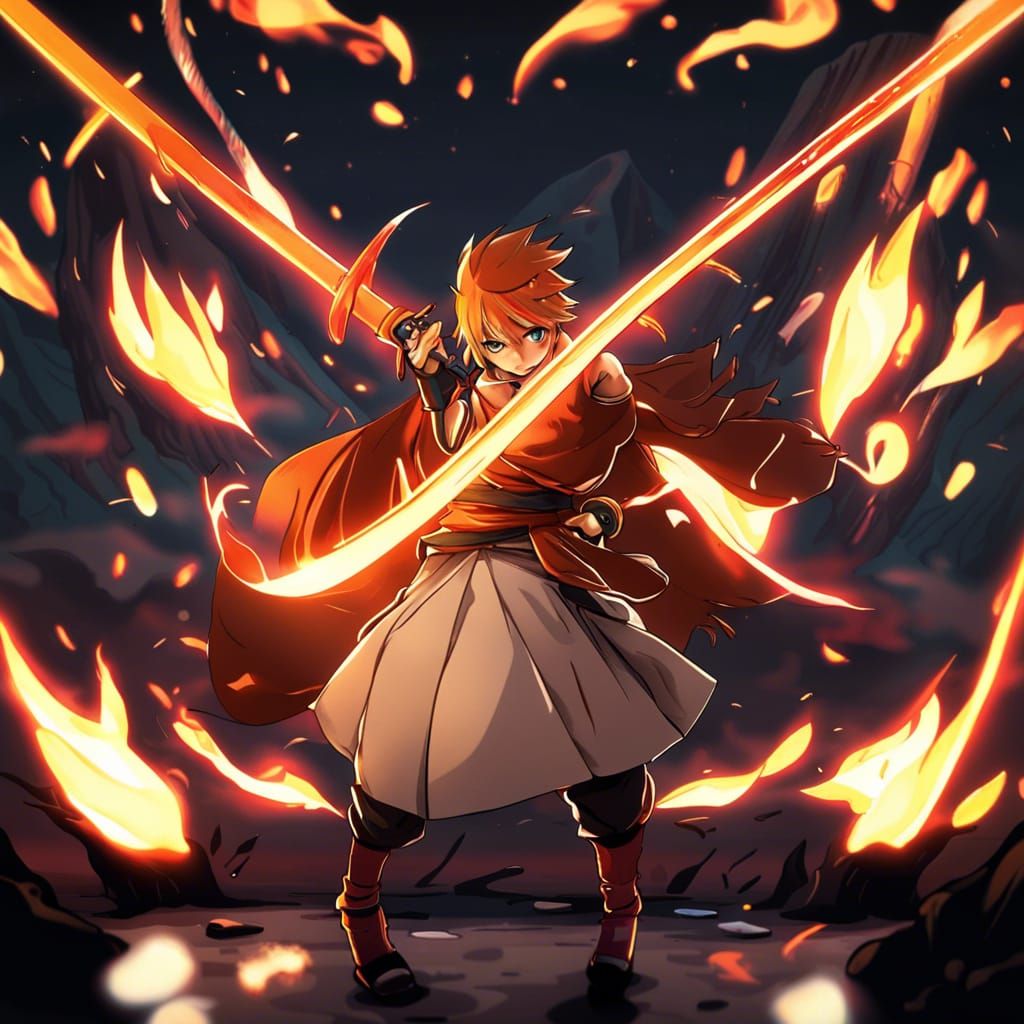 Rengoku and Charmander with Fire Katana in Anime Style