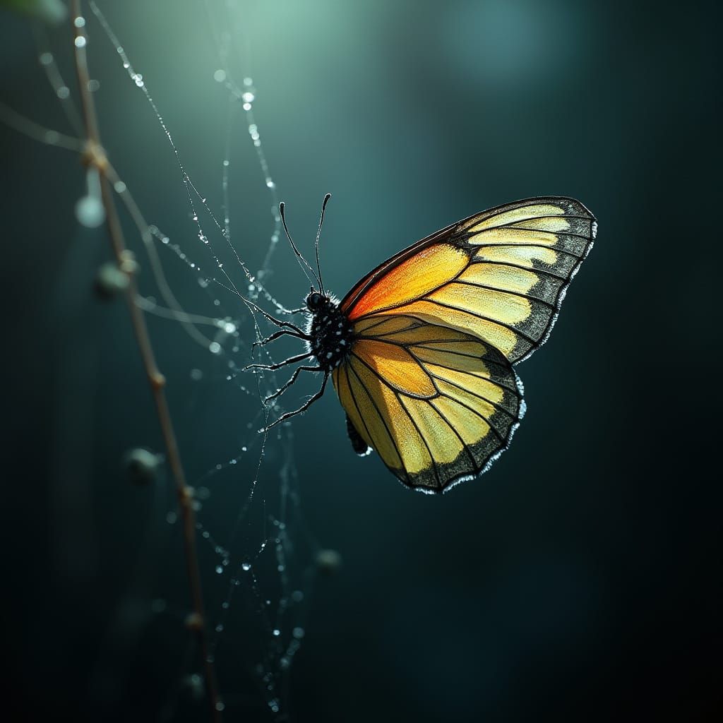 Ethereal Butterfly Trapped in a Dark, Mysterious Web