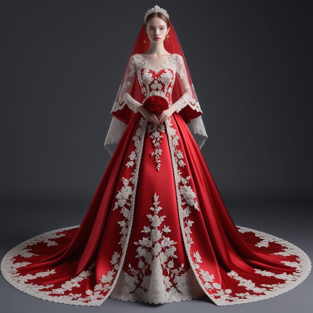 Ethereal Crimson Satin Wedding Dress in 3D