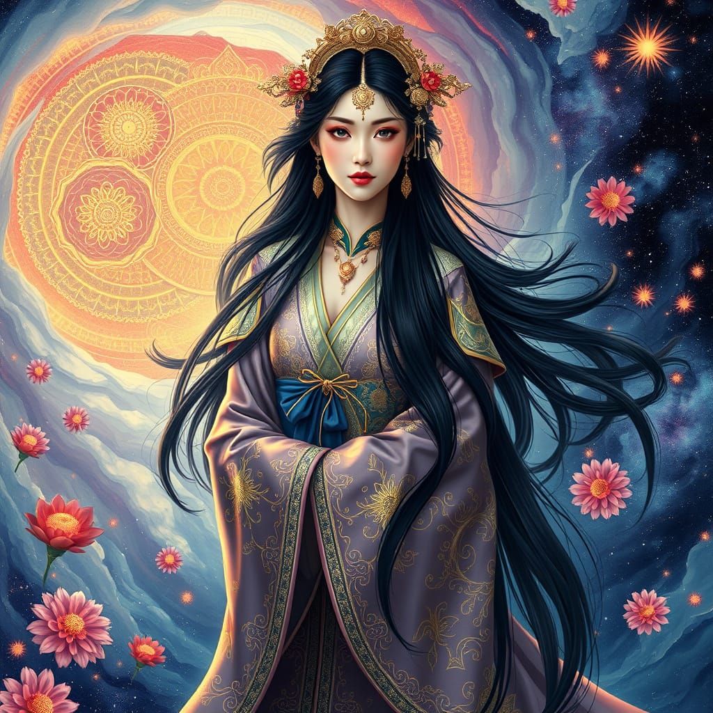 Regal Chinese Goddess in Astral Robes with Vibrant Mandalas