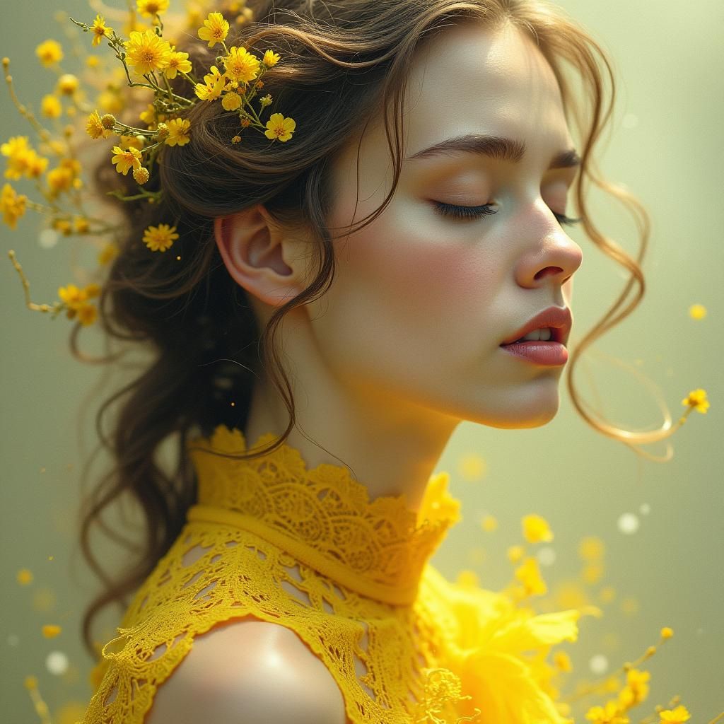 Ethereal Woman in Yellow Dress, Dark Fantasy Art