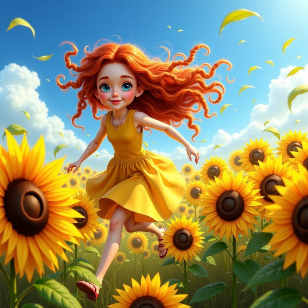 Girl in Sunflower Field with Golden Glow