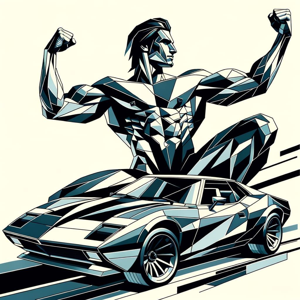 Athlete's Cubist Victory on Silver Automobile