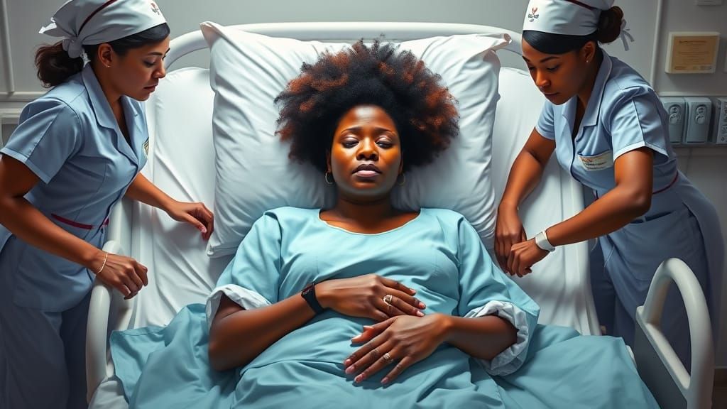 African Woman in Hospital Bed, Attended by Nurses in Traditi...