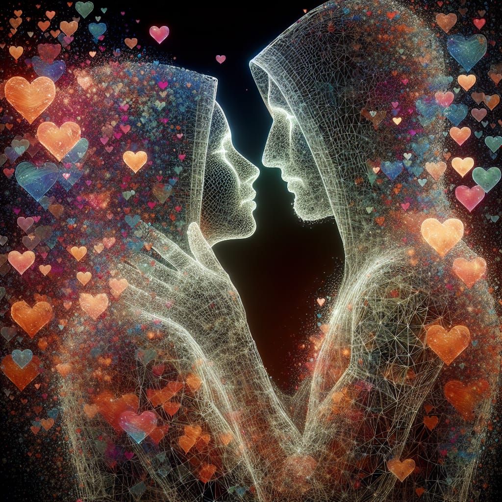 Hooded Couple Dissolving in Pointillist Rain of Hearts
