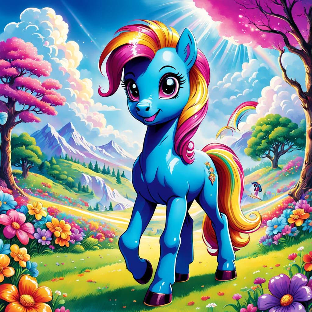 Vibrant Whimsical Pony in Sunny Meadow