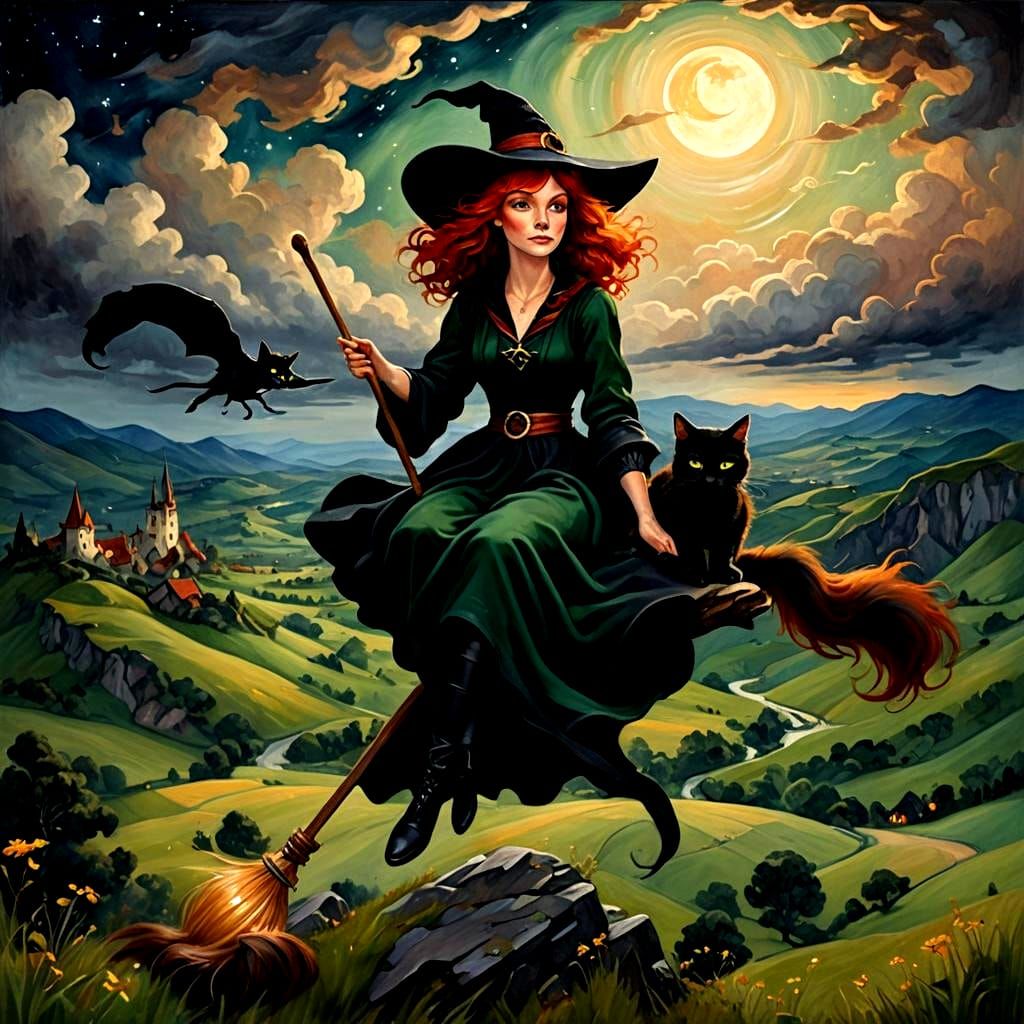 Red-Haired Witch and Black Cat's Midnight Flight