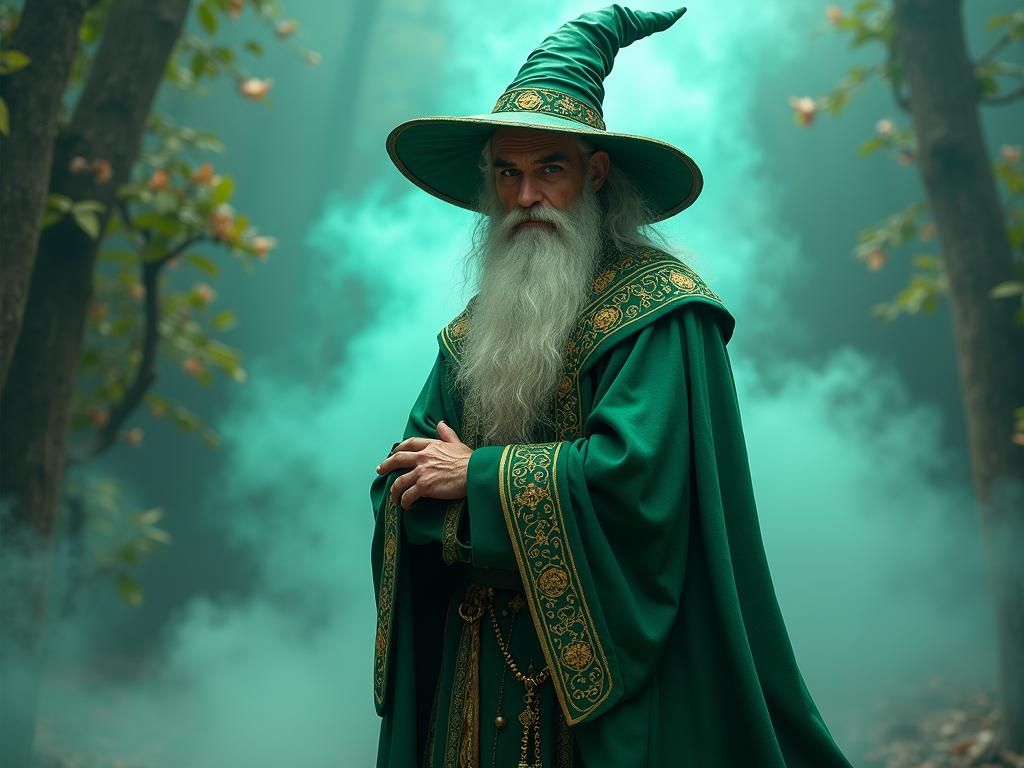 Mystical Wizard in Emerald Robes Amidst Iridescent Smoke
