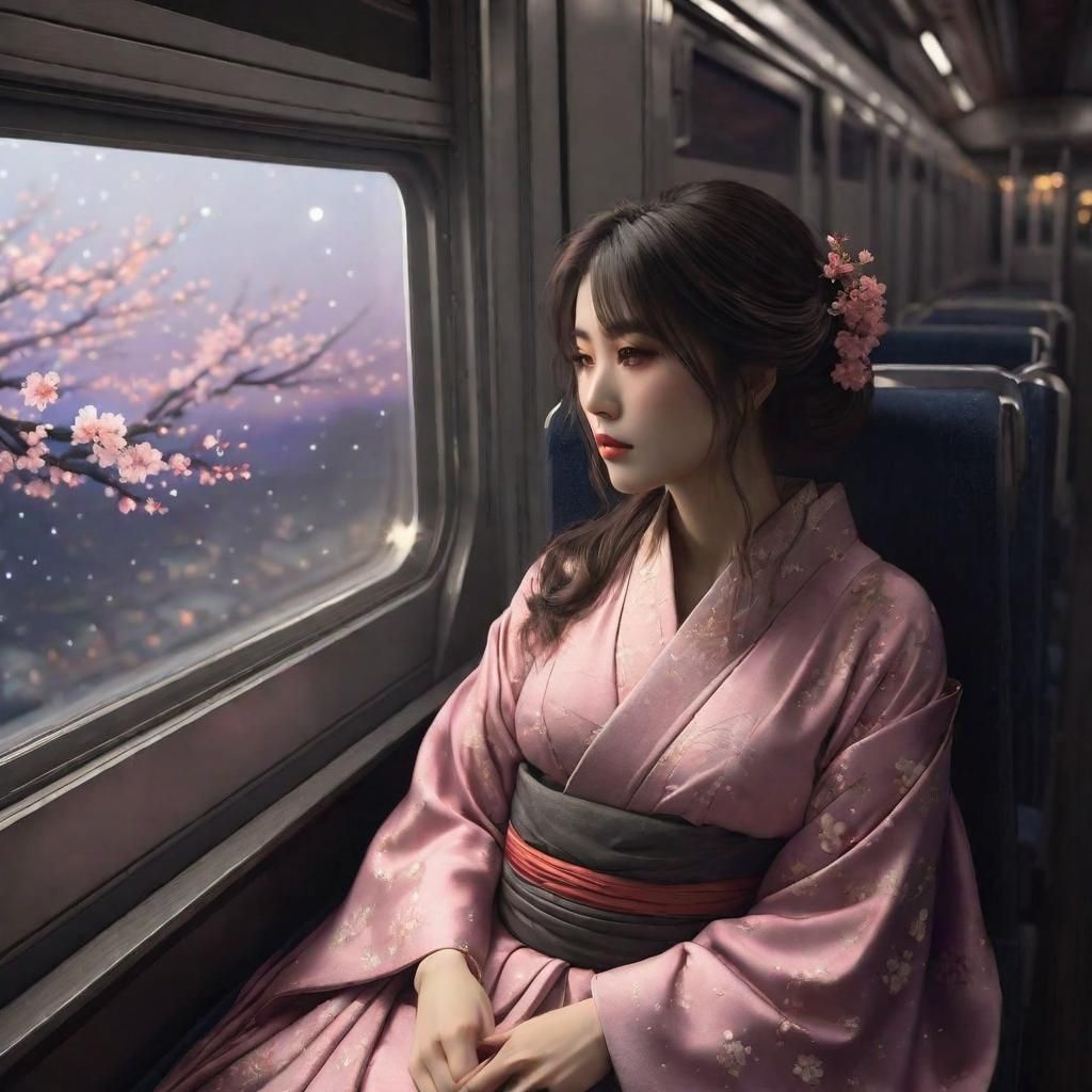 A lady dressed in Sakura kimono sitting alone on an empty tr...
