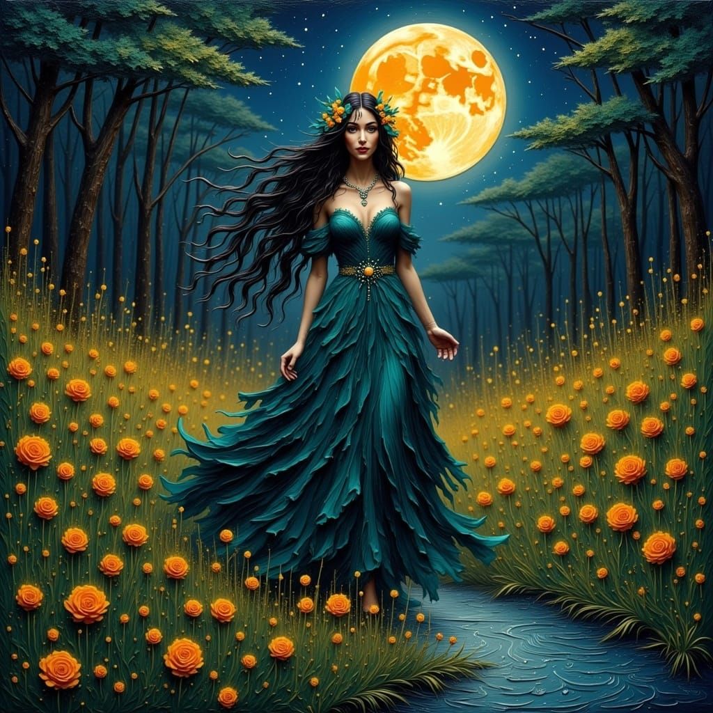 Witchy Woman in Forest with Flowers and Jewelry