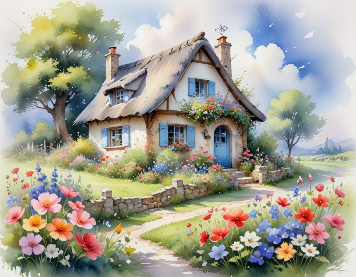 Charming Cottagecore Cottage in Watercolour Illustration